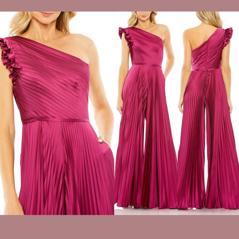 NWD IEENA MAC DUGGAL [‎ 6 ] 27458 One Shoulder Charmeuse Pleated Jumpsuit berry
